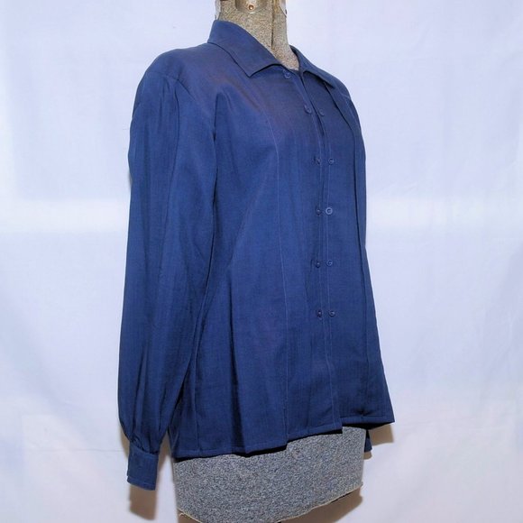 VTG 80's Jaeger Navy Blue Fine Lightweight Wool Blouse Double Front Buttons M/L - Picture 9 of 13